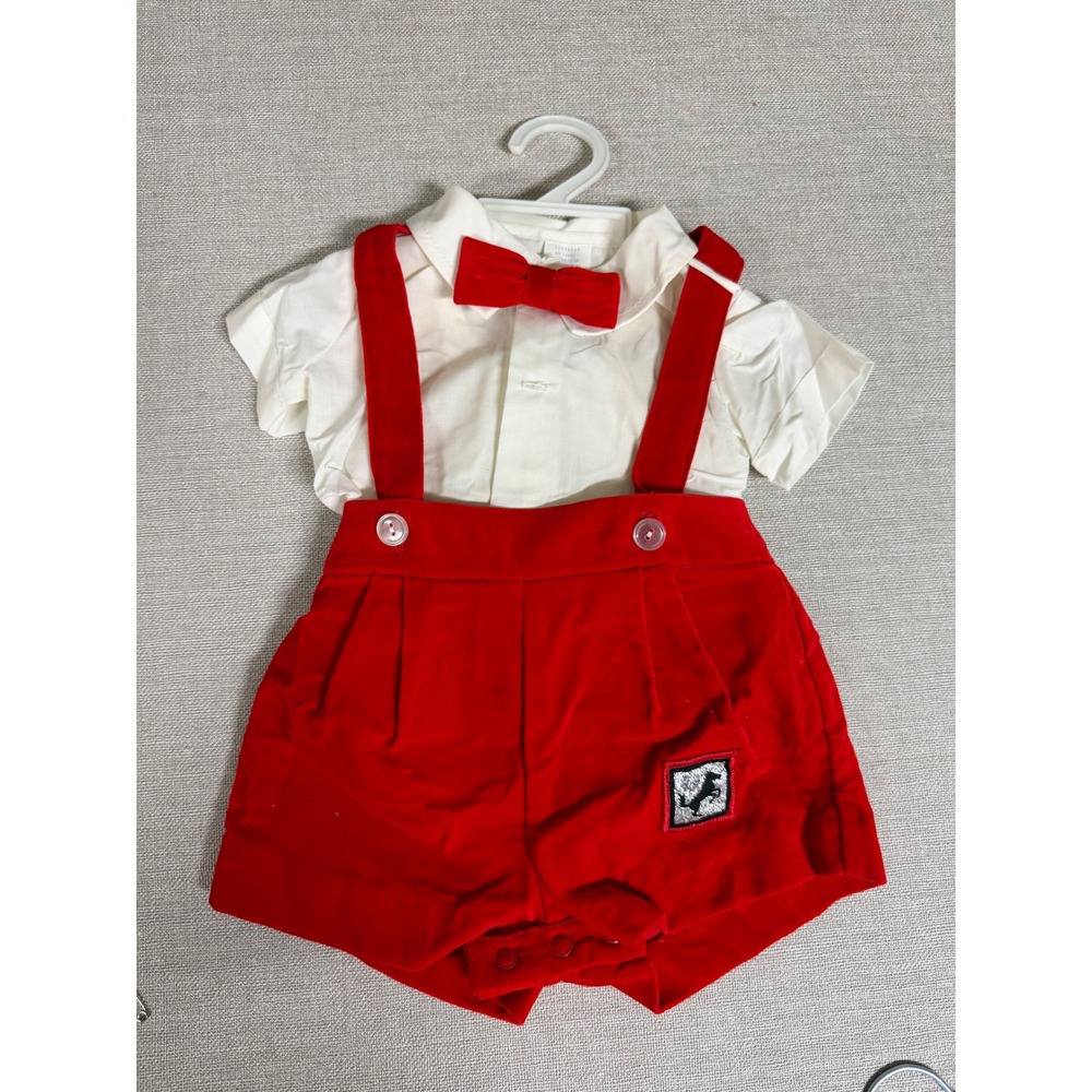 Vintage Red Velvet Suspender Shorts Set with Bow Tie and White Shirt 12 Months